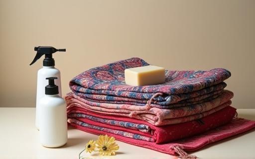 Image representing care for textile handicrafts, showing folded textiles and cleaning supplies.